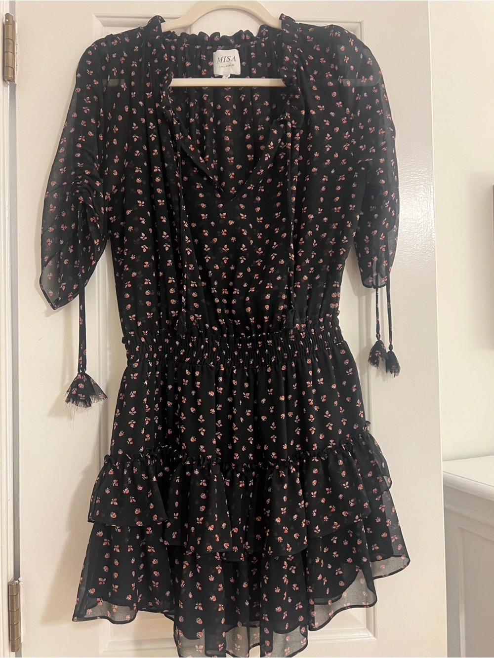 Misa Los Angeles Black Mini Dress with Pink Floral Print